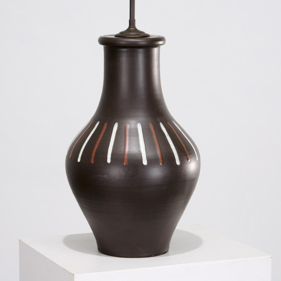 Andre Baud, table lamp, c. 1950: Andre Baud, table lamp, c. 1950, Andre Baud (French, 1903-1986), urn-form pottery vessel decorated in alternating brown and white stripes on a dark brown ground, marked "A Baud Vallauris Made in Franc