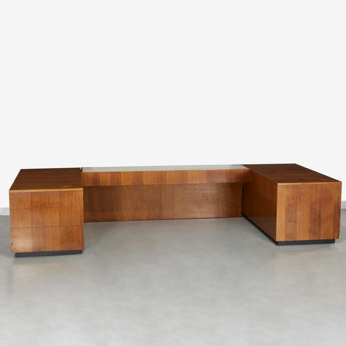 Vladimir Kagan, bachelor's bed: Vladimir Kagan, bachelor's bed, c. 1950s, USA, walnut veneer, textured white glass, sized to fit a twin mattress daybed, the side cubes with hinged top panels opening to storage, one set with three st