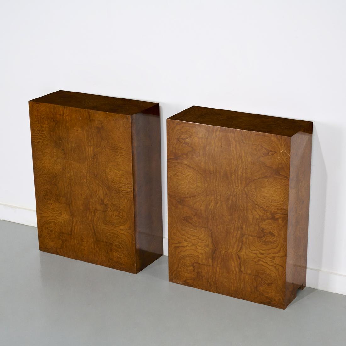Pair custom burlwood pedestals: Pair custom burlwood pedestals, c. 1970s, USA, burl veneer, open back, 31"h x 23"w x 10"d Provenance: A Private Collection: 50 Sutton Place South, NYC