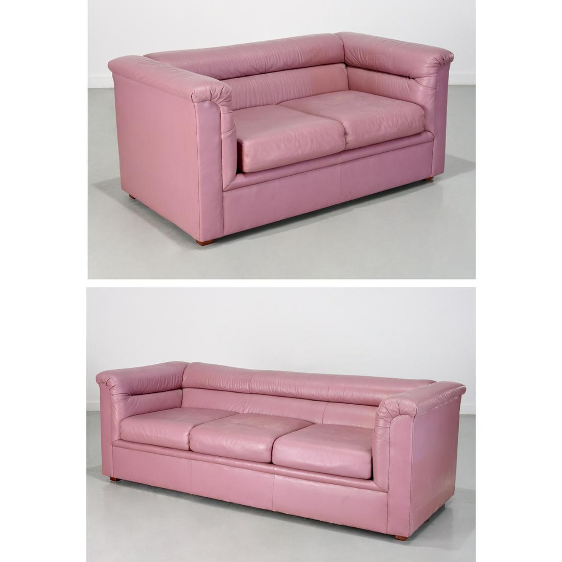 Selig, 1980s leather seating group: Selig, 1980s leather seating group, c. 1980, mauve leather, including a 3-seat sofa and two seat settee, labeled on decking, 28"h x 84"l x 33""d (sofa), 62"w (settee), 18"h (to seat) Provenance: A Pri