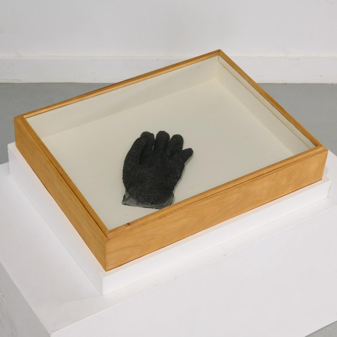 Ann Hamilton, fiber sculpture, 1997: Ann Hamilton, fiber sculpture, 1997, Ann Hamilton (American, b. 1956), "The Slaughter", silk organza, cotton thread, wood & glass display box, the glove delicately woven with cursive script, numbered