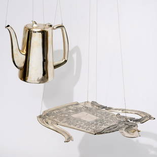 Cornelia Parker, sculpture, 2003: Cornelia Parker, sculpture, 2003, Cornelia Parker (British, b. 1956), "Alter Ego (Reflections), Coffee Pot", silver-plated objects, one intact, one squashed with an industrial break press, the intact