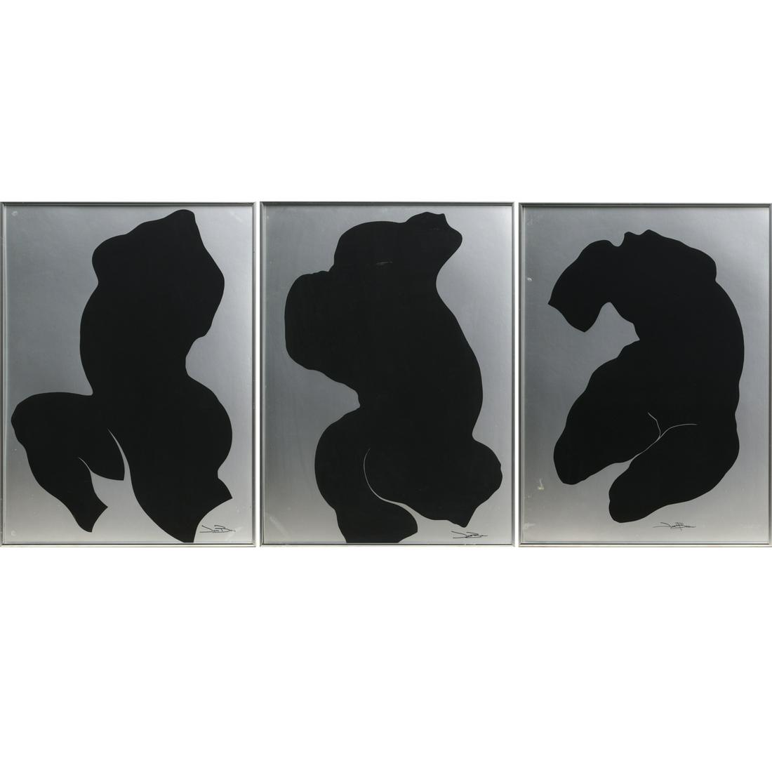 Judith Brown, (3) works, ink on silver paper: Judith Brown, (3) works, ink on silver paper, Judith Brown (American, 1931-1922), Three Female Torsos, likely monoprint or silkscreen, each signed lower right, aluminum slat framed under glass, 30"h x