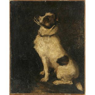 Edwin Landseer (attrib), oil on canvas: Edwin Landseer (attrib), oil on canvas, Attributed to Sir Edwin Henry Landseer (English, 1802-1873), Portrait of a Terrier, monogrammed "E.L." lower left, unframed, 16"h x 13"w (stretcher) Provenance: