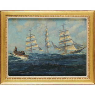 Andrew George Winter, oil on board: Andrew George Winter, oil on board, Andrew George Winter (American, 1893-1958), Choppy seas with masted ships and rowboat, signed "A. Winter" lower right, 11.5"h x 15.5w (sight), 15"h x 19"w (frame) P