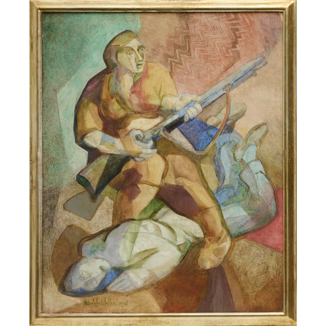 Helen Westheller, gouache on paper, 1936: Helen Westheller, gouache on paper, 1936, Helen Westheller (American, 1872-1955), Woman with a Rifle, signed and dated lower left, framed under plexiglass, 35"h x 27"w (sight), 38"h x 31"w (frame)