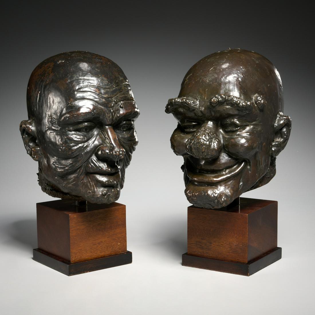 Franz Messerschmidt (manner), (2) bronze heads: Franz Messerschmidt (manner), (2) bronze heads, Manner of Franz Xaver Messerschmidt (Late 19th/20th c.), Expressive male heads with deeply wrinkled and pocked faces, dark patinated cast bronze, possib