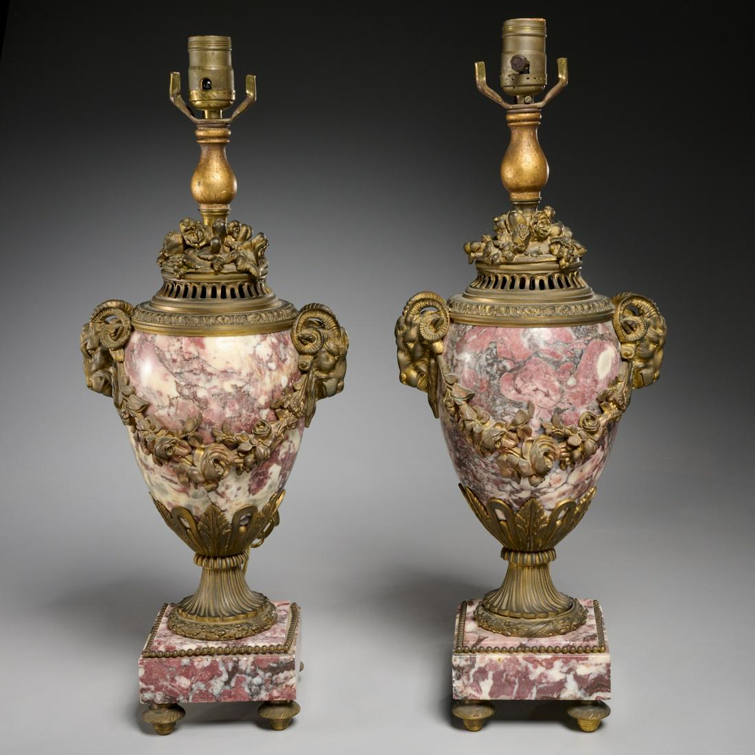 Pair Louis XVI style bronze, marble urn lamps (1 of 5)