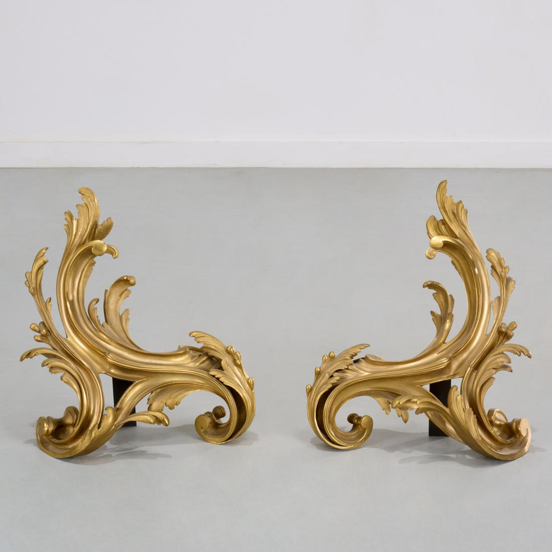 Pair large Louis XV style gilt bronze chenets (1 of 5)