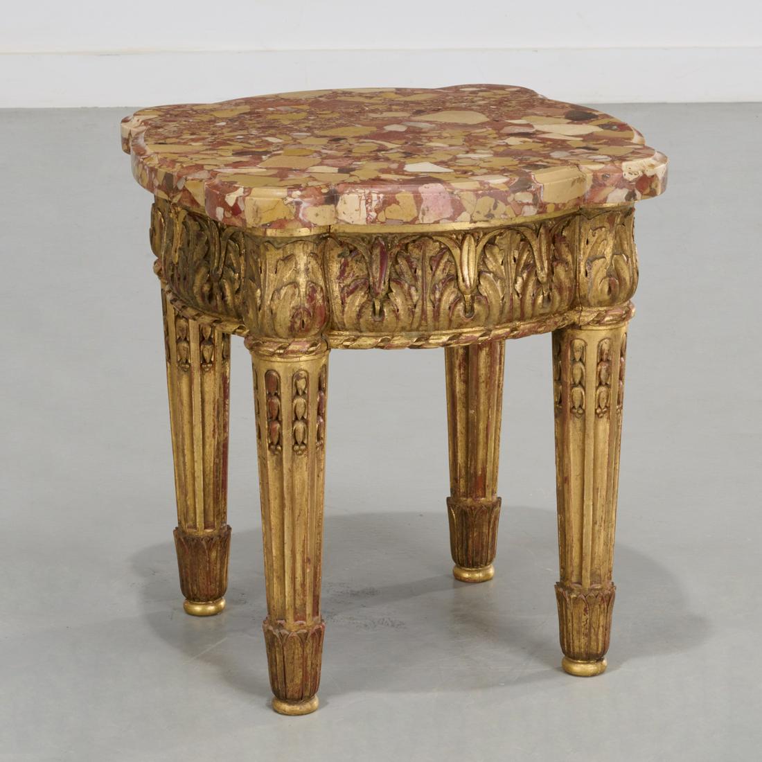 Antique Louis XVI style giltwood gueridon: Antique Louis XVI style giltwood gueridon, 19th c., France, the shaped Breche d'Alep marble top with molded edge, over gilt and bole decorated frame carved with acanthus leaves, raised on round channe