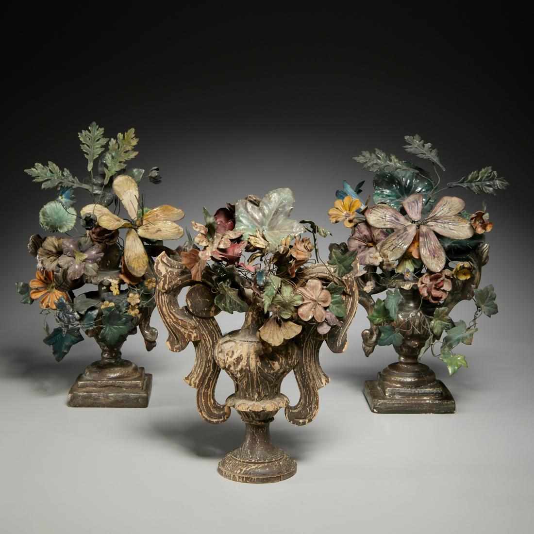 (3) Italian Baroque tole flower urn garnitures (1 of 9)