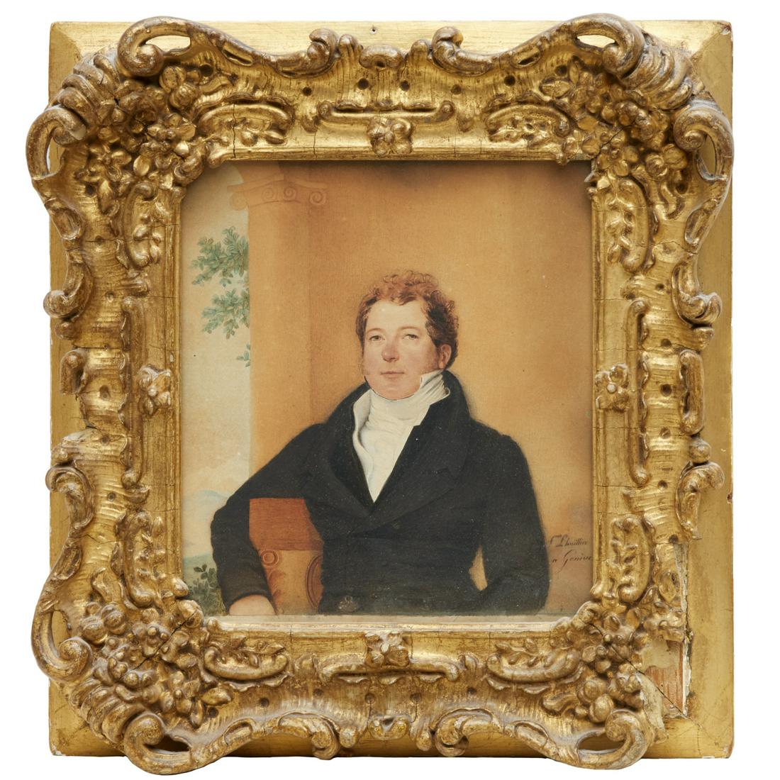 Swiss School, watercolor, poss. Simon L'Huilier: Swiss School, watercolor, poss. Simon L'Huilier, Swiss School (18th c.), Possibly a portrait of Swiss mathematician Simon Antoine Jean L'Huilier (1750-1840), watercolor on stiff paper, inscribed lower