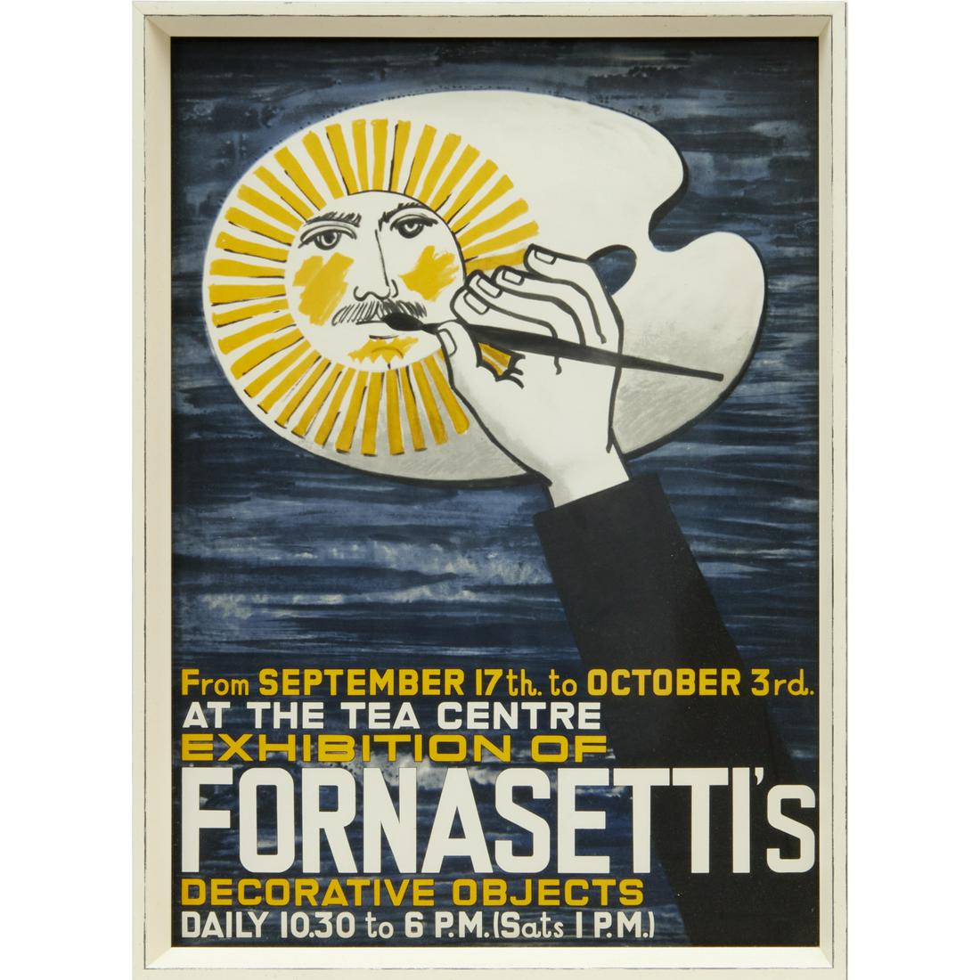 Vintage Piero Fornasetti exhibition poster: Vintage Piero Fornasetti exhibition poster, c. 1958, Tea Centre Decorative Objects exhibition, offset poster, 26"h x 18.5"w (sight), 28"h x 20.25"w (frame) Provenance: A Private Collection: Amagansett