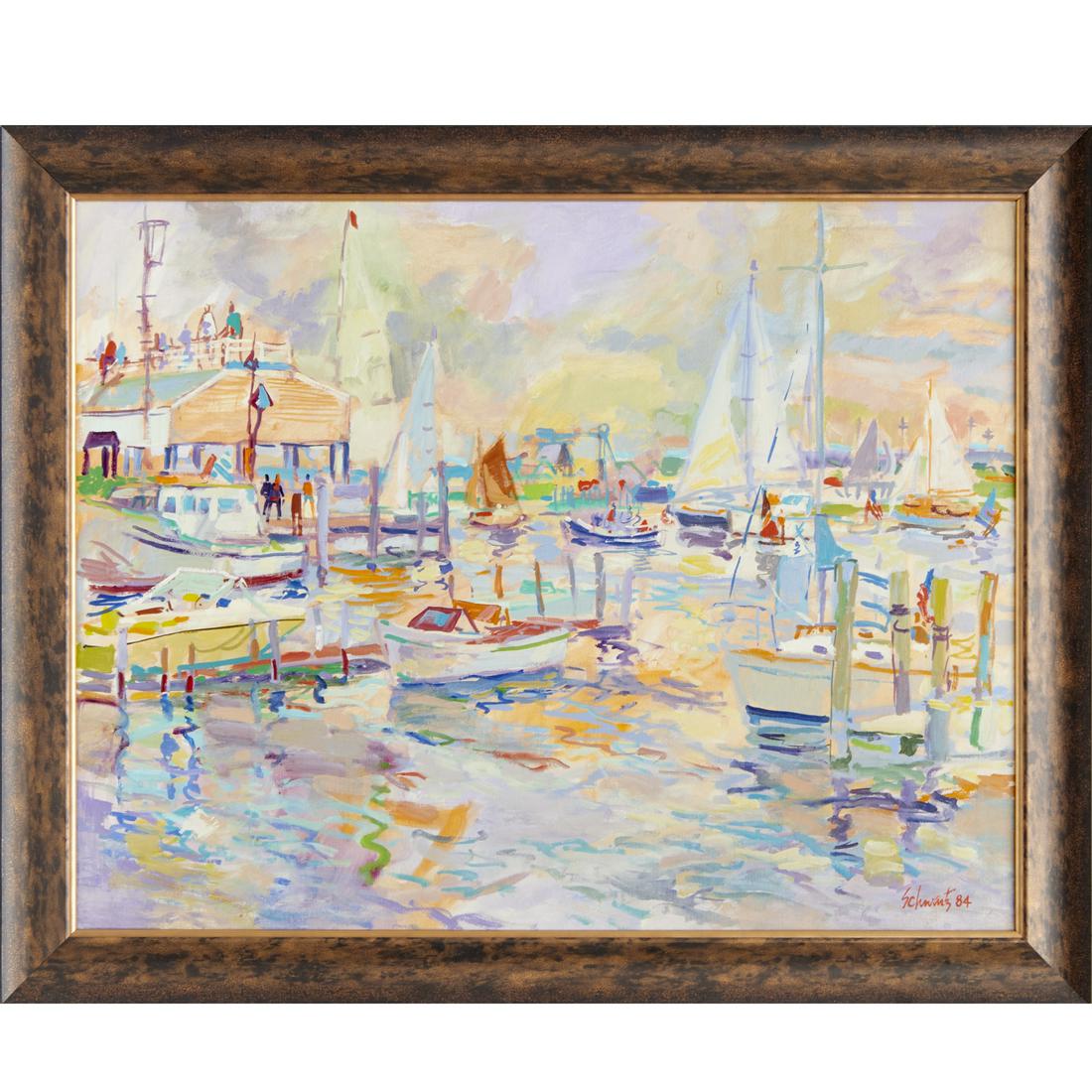 Schwartz, large oil or acrylic on canvas, 1984: Schwartz, large oil or acrylic on canvas, 1984, Schwartz, Impressionist School (late 20th c.), Sailboats in the Harbor, signed "Schwartz"(?) lower right, 27.5"h x 35.5"w (sight), 32"h x 40"w (frame)