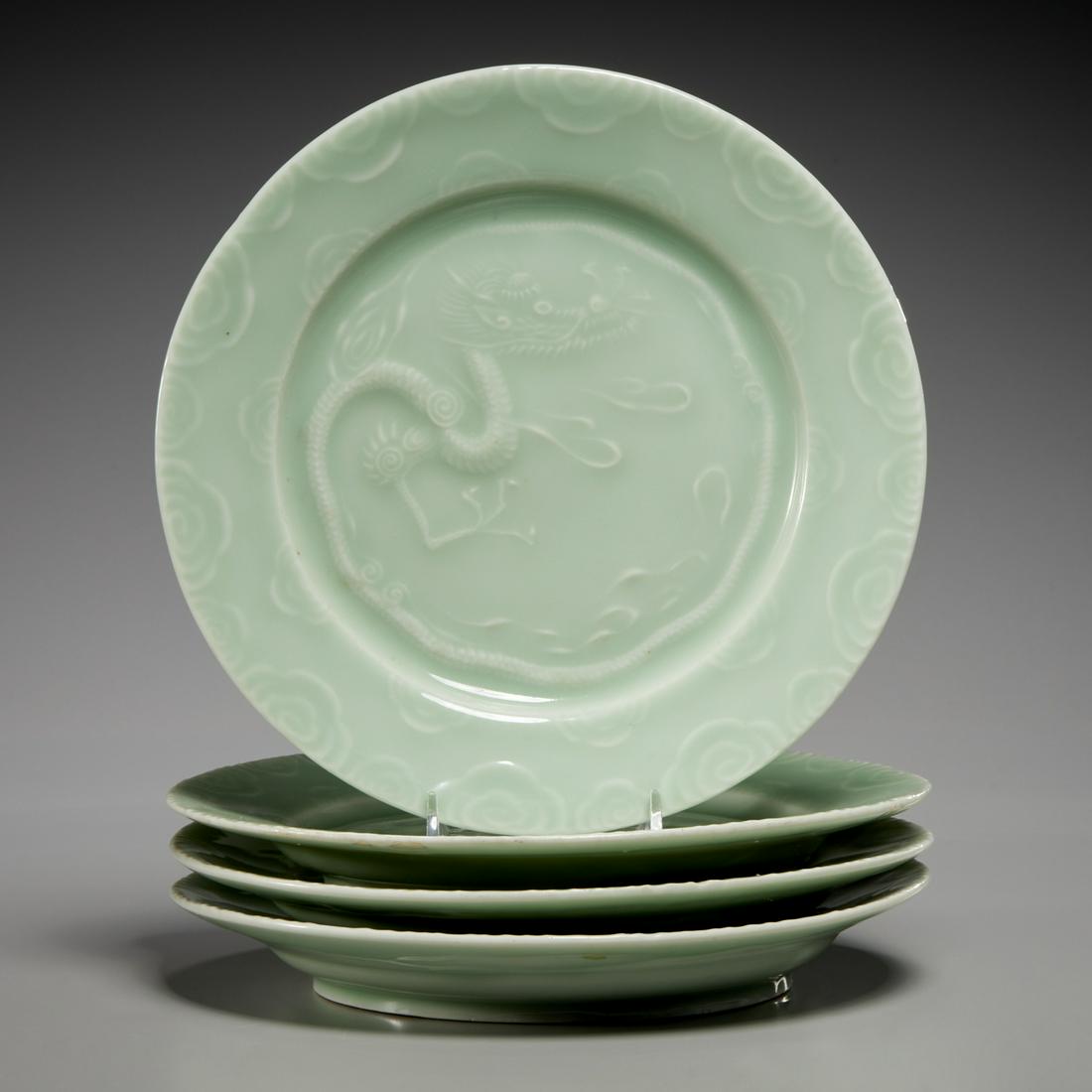 (4) Chinese celadon dragon dishes (1 of 12)