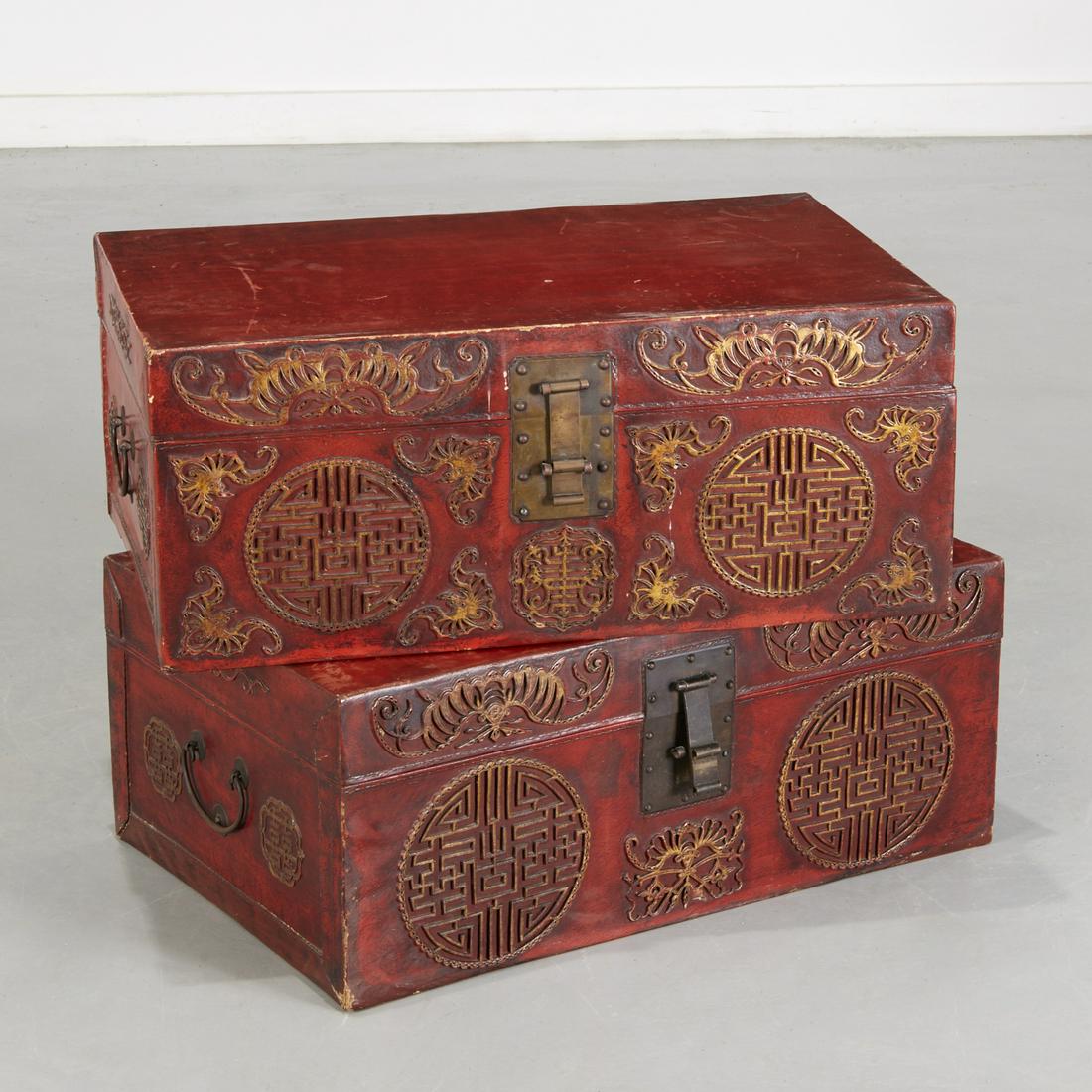Pair Chinese lacquered leather chests (1 of 6)
