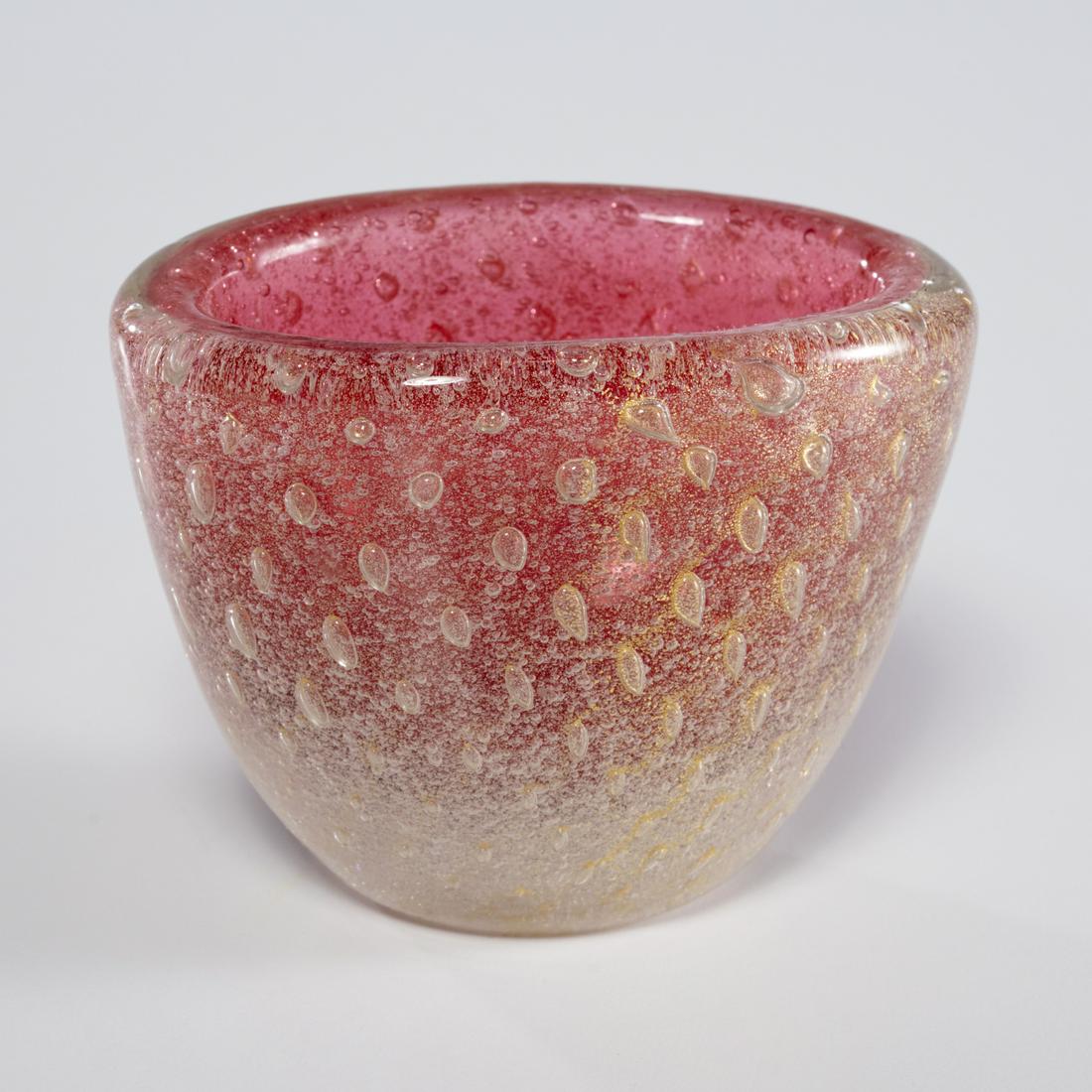 Carlo Scarpa for Venini, 'A Bolle' bowl: Carlo Scarpa for Venini, 'A Bolle' bowl, c. 1930s, Italy, gold flecked pink controlled bubble design art glass bowl, marked on underside, with accession number, 2.5"h x 3.25"w x 2.5"d Provenance: A Pr