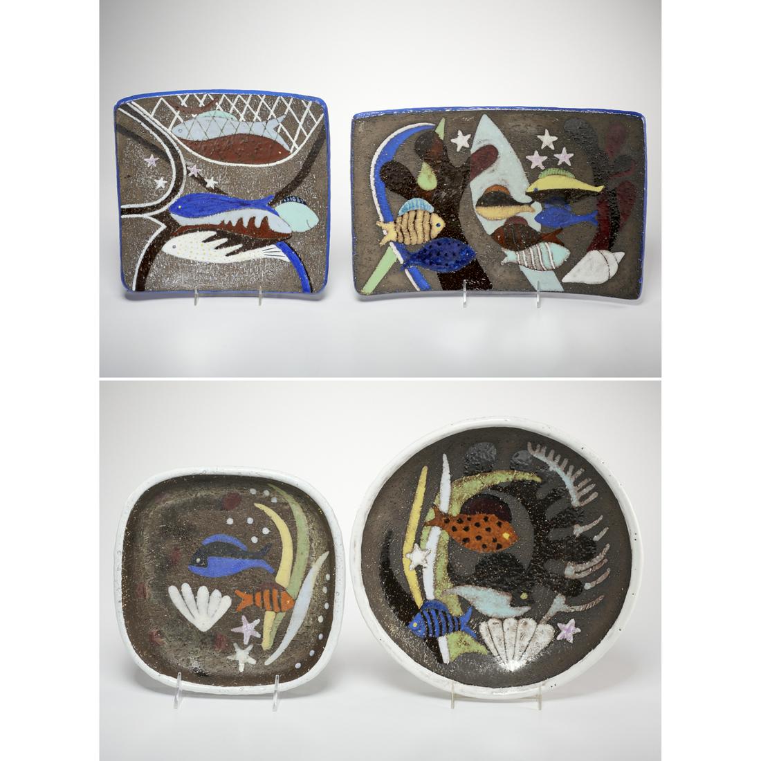 Upsala Ekeby, (4) 'Spectra' ceramic dishes: Upsala Ekeby, (4) 'Spectra' ceramic dishes, Mid 20th c., Sweden, designed by Anna-Lisa Thomson, colorful polychrome enameled in marine life designs, marked on undersides, 14."l x 9.5"w (largest), 8.5"