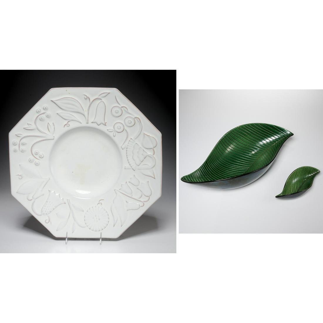 Upsala Ekeby, (3) ceramic tablewares: Upsala Ekeby, (3) ceramic tablewares, Mid 20th c., Sweden, incl. (2) leaf bowls, of varying sizes, and a white glazed octagonal centerpiece dish, with floral and leaf design, each marked on underside,