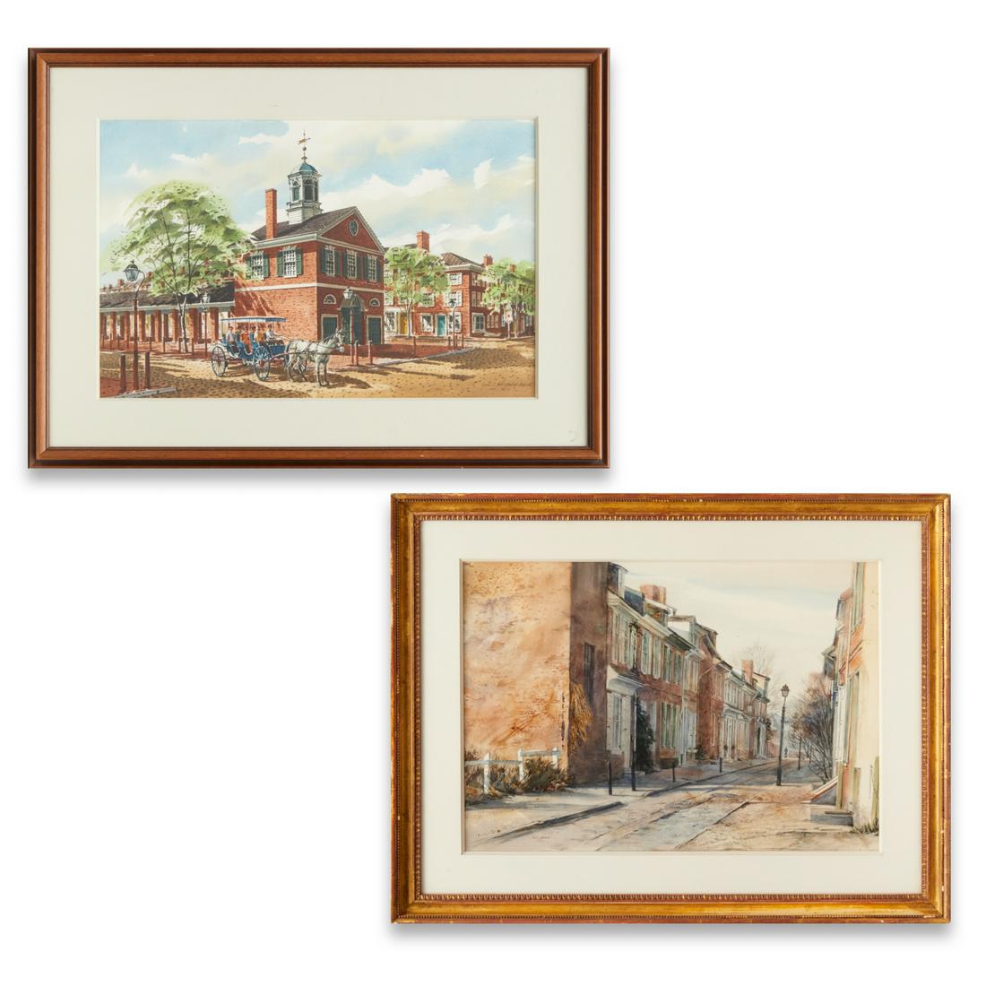 (2) Philadelphia historical watercolors: (2) Philadelphia historical watercolors, 20th c., incl. Paul Rickert (American, b. 1947), "Elfreth's Alley", signed "Paul Rickert" at lower left, gallery label verso, 18"h x 26"w (sight), 27"h x 35"w