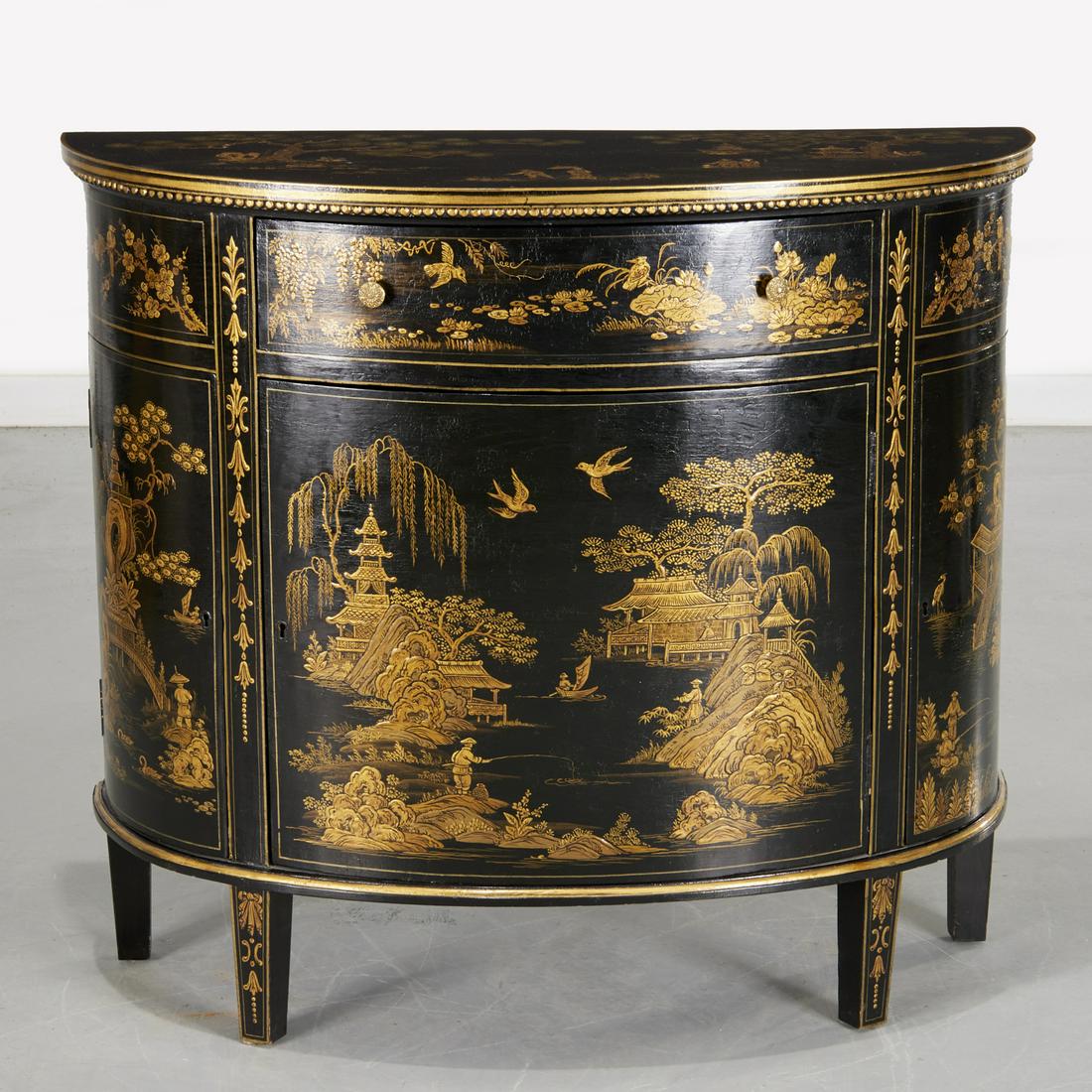 George III style black japanned demilune cabinet: George III style black japanned demilune cabinet, 20th c., black painted with crackle finish, gold painted landscape scenes with figures and pagodas, unmarked, 36.25"h x 40.5"w x 16.5"d