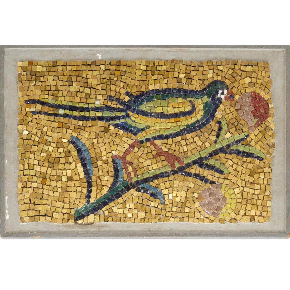 Italian mosaic, Basilica of S. Apollinare, Ravenna: Italian mosaic, Basilica of S. Apollinare, Ravenna, 20th c., reproduction of a detail from the famous mosaics, gold and multicolor tile set into plaster matrix on board, verso with label "particolare 