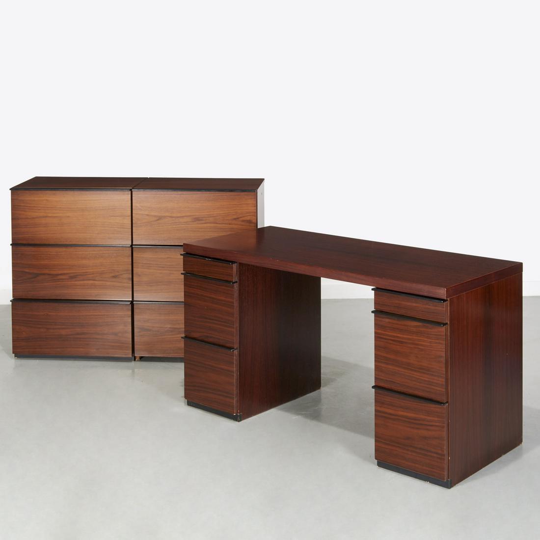 Interlubke, rosewood pedestal desk and cabinet: Interlubke, rosewood pedestal desk and cabinet, c. 1970s, Germany, rosewood veneer, black lacquer pulls, the desk with rectangular top over kneehole flanked by stacked drawers, 29"h x 53"w x 23"d, tog