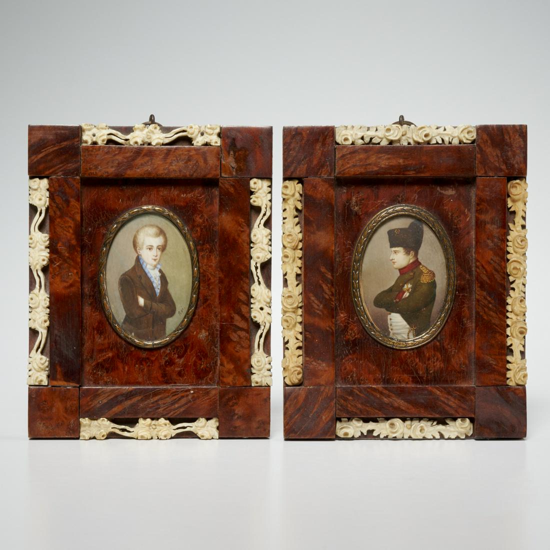 (2) Portrait miniatures, incl. Napoleon, 19th c.: (2) Portrait miniatures, incl. Napoleon, 19th c., Watercolor and gouache, one depicting Napoleon, the other marked "Roi", possibly Prince Philippe of Orleans, claimant to the French throne from 1848, 