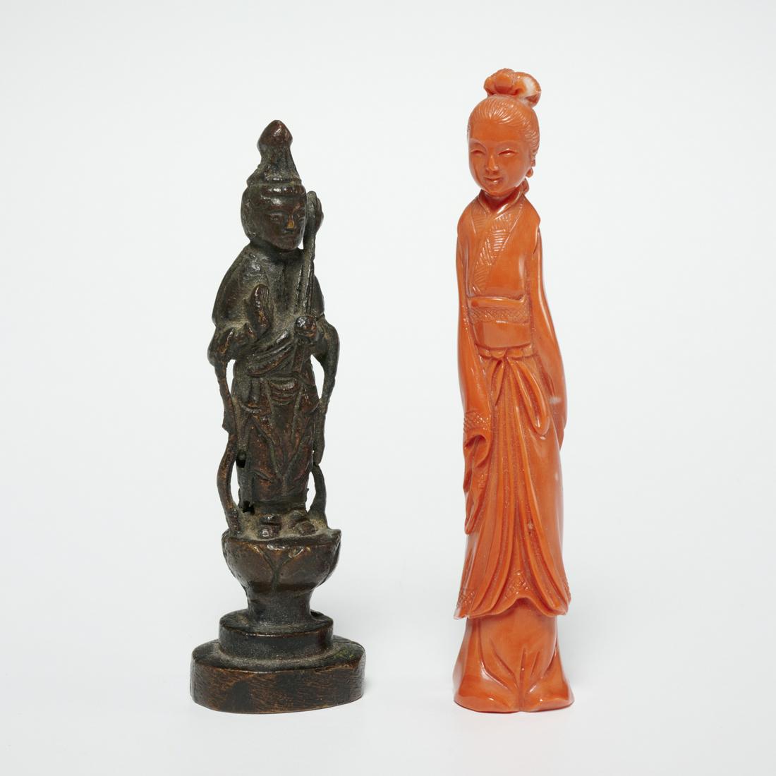 (2) antique Chinese coral and bronze Guanyin (1 of 6)