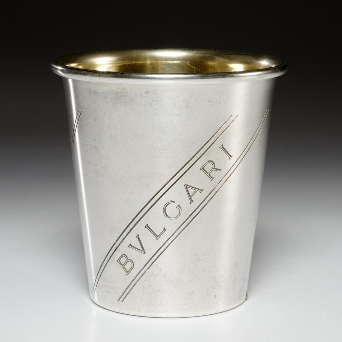 Bvlgari sterling silver cup: Bvlgari sterling silver cup, Mid/late 20th c., Italy, engraved "Bvlgari" along exterior, vermeil interior, stamped with maker's mark and "Sterling" to underside of foot, 2.75"h x 2.75"dia, approx. 2.7