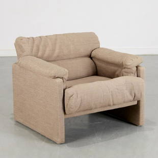 Harvey Probber, 'Coronado' style armchair: Harvey Probber, 'Coronado' style armchair, c. 1960s, USA, nubby wool upholstery, seat, back and arm cushions held via Velcro, after the design by Afra & Tobia Scarpa, labeled to underside, 30"h x 35"w