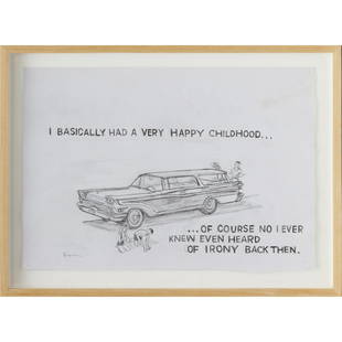 David Kramer, graphite on paper, 2006: David Kramer, graphite on paper, 2006, David Kramer (American, b. 1963), "I basically had a very happy childhood...", sketch on wove paper, signed lower left, signed and dated verso, mounted to board