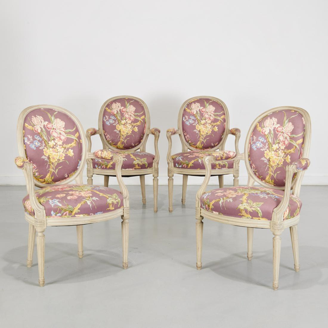(4) Louis XVI style painted chintz dining chairs (1 of 7)