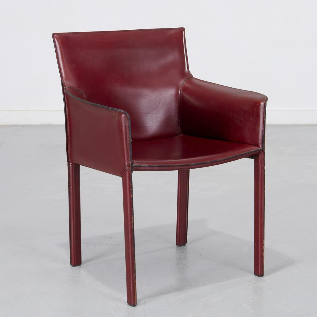 Enrico Pellizzoni, 'Pasqualina' armchair: 21st c., Italy, maroon saddle-stitched leather over metal frame, designed by Grassi&Bianchi, marked, 32"h x 24"w x 20"d, 18"h (to seat)
