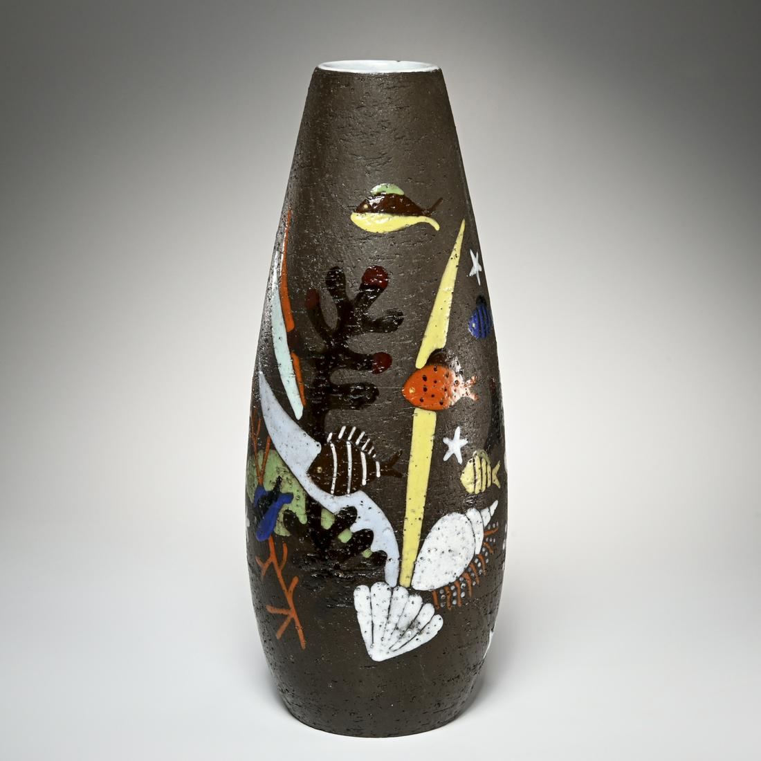 Upsala Ekeby, large 'Spectra' ceramic vase: Upsala Ekeby, large 'Spectra' ceramic vase, Mid 20th c., Sweden, designed by Anna-Lisa Thomson, 'Spectra' colorful polychrome enameled in marine life design, marked on underside, 21"h x 8.5"w Provenan