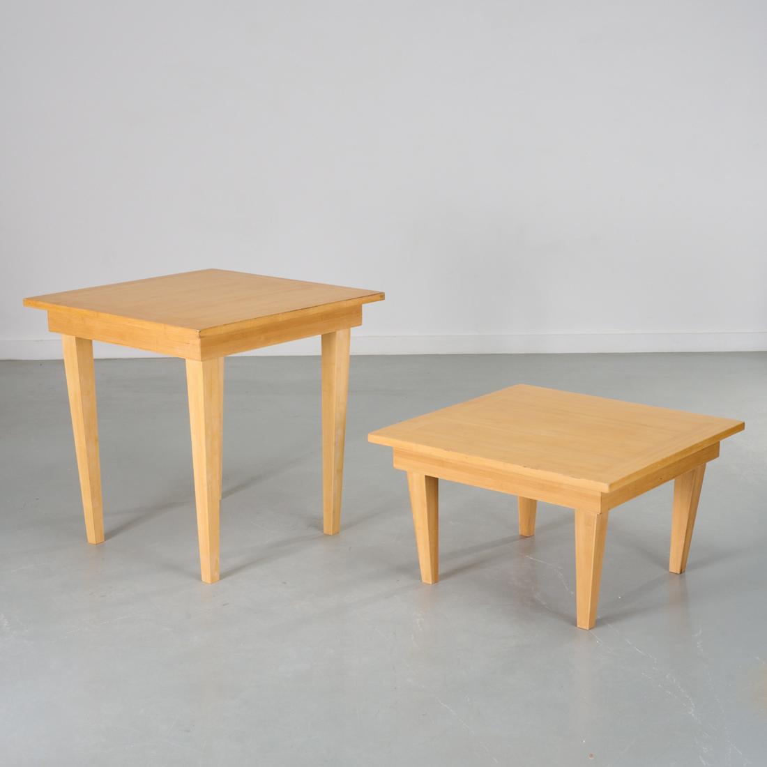 Pair luxury yacht convertible side/cafe tables: Pair luxury yacht convertible side/cafe tables, Late 20th c., used on the luxury yacht "Belle Aimee", bamboo with tapered legs attached with metal braces and wing nuts, can be converted to higher cafe