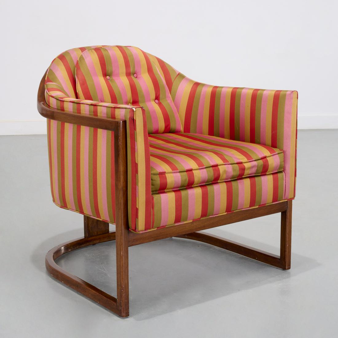 Harvey Probber, barrel back chair: Harvey Probber, barrel back chair, c. 1960s, USA, seat and cushions upholstered in a colorful striped silk, suspended in an open mahogany frame, retailed by Harold Berman, NYC, 29"h x 28"w x 27"d, 18"