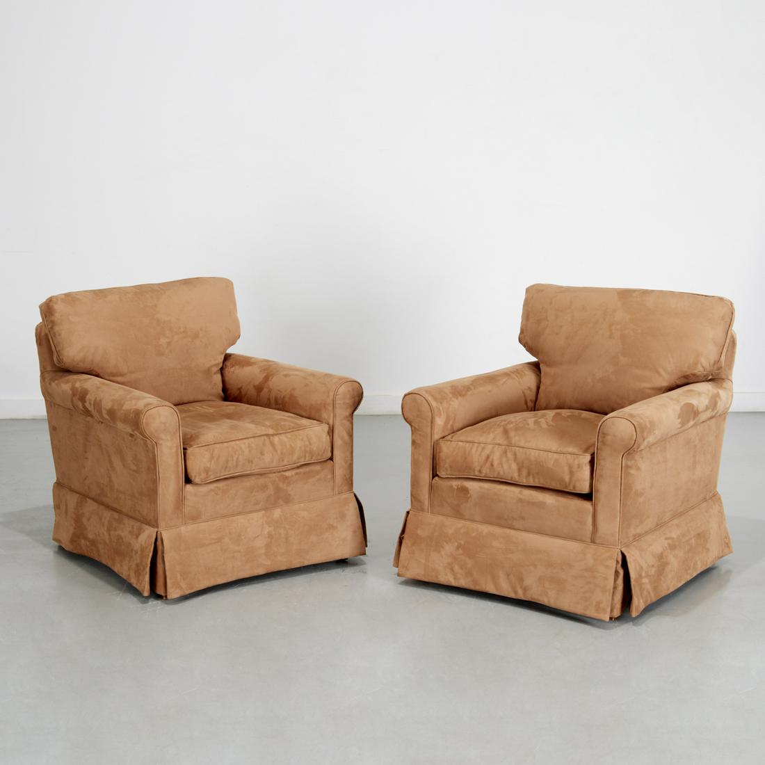 Pair modern Ultrasuede upholstered club chairs: Pair modern Ultrasuede upholstered club chairs, 21st c., light brown fabric, down filled, unmarked, 32.5"h x 30.75"w x 32.5"d