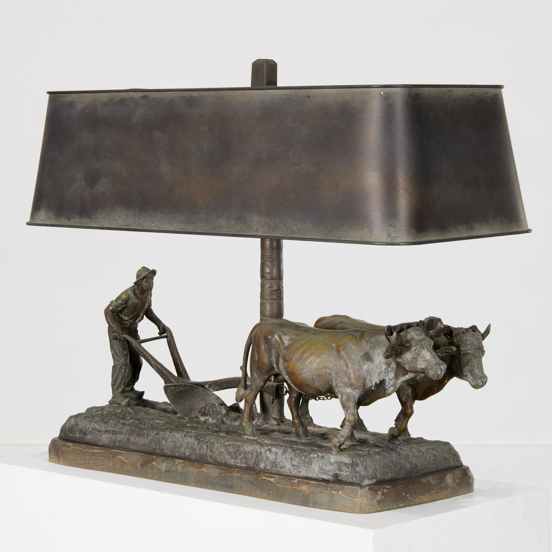 Edouard Drouot (after), large sculptural lamp: Edouard Drouot (after), large sculptural lamp, After Edouard Drouot (French, 1859-1945), Plowman and Oxen, verdigris and brown patinated metal, no signature observed, converted into table lamp, mounte