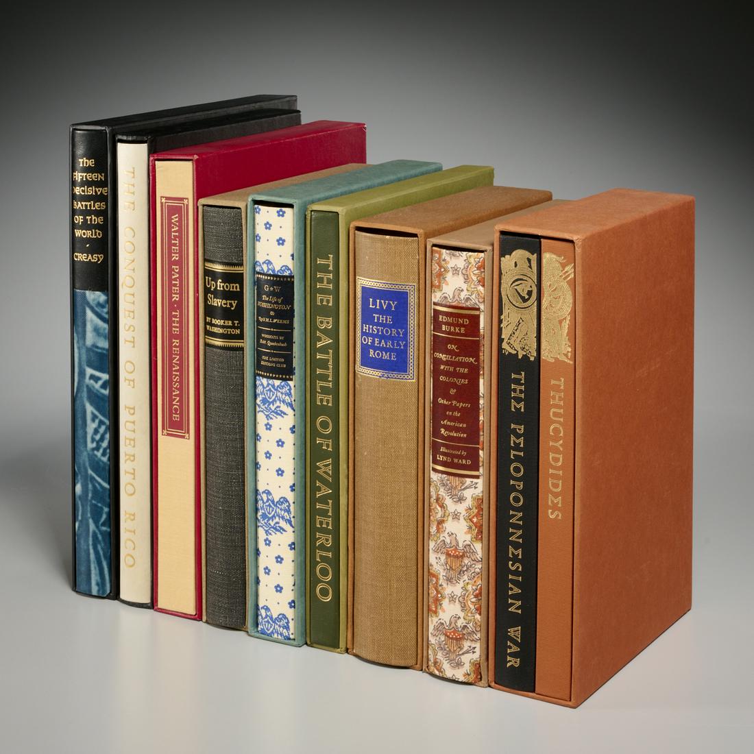 The Limited Editions Club, (9) vols., History: The Limited Editions Club, (9) vols., History, Each in slipcase, with LEC newsletter, numbered and signed as indicated in (): 1) Fifteen Decisive Battles of the World, 1969, #1276, (Joseph Domjan); 2)
