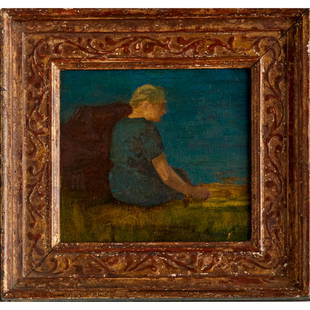 Impressionist School, oil on panel: Impressionist School, oil on panel, Impressionist School (20th c.), Seated woman with umbrella, artist's cipher "LP" or "PL" lower right, 5.5"h x 6"w (sight), 9.25"h x 10"w (frame)