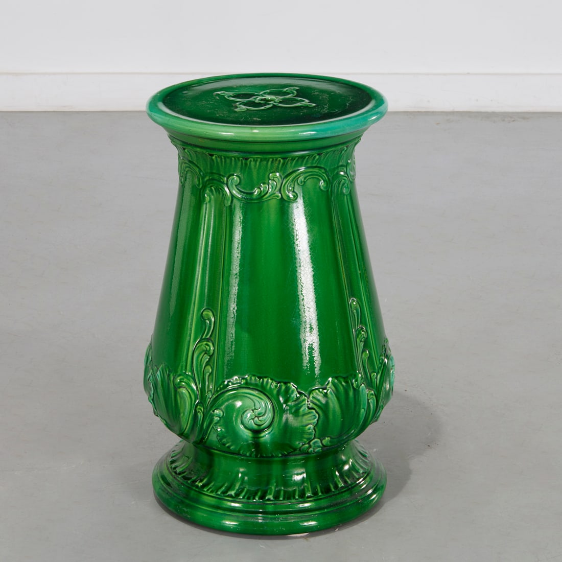 Minton green glazed majolica pedestal: Minton green glazed majolica pedestal, Late 19th/20th c., English, scrolled foliate design in low relief, stamped "Minton's, 3137", approx. 22.25"h x 13.5"w, 12.5"dia (top surface)