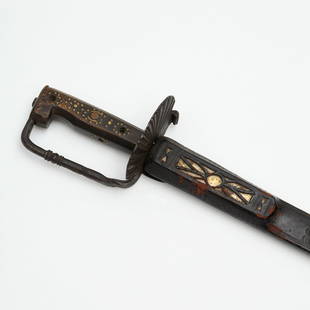 Antique North African Nimcha sword & scabbard: Antique North African Nimcha sword & scabbard, 19th c., probably Algeria, slightly curved steel blade, horn handle with brass inlay, wood scabbard with molded and stamped leather covering with inset b