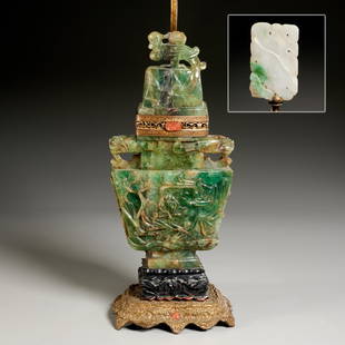 Large Chinese Export carved quartz urn lamp: Large Chinese Export carved quartz urn lamp, 19th/20th c., China, urn interior wired with lighting socket, carved jade finial, 17"h x 8"w x 3"d (stone), 34"h (to finial) Provenance: Property from a Pr