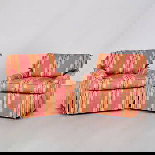 Nice pair custom upholstered club chairs: Nice pair custom upholstered club chairs, 20th/21st c., in striped cranberry damask fabric, unmarked, 29"h x 32"w x 34"d Provenance: A Private Collection: 1111 Park Avenue, NYC