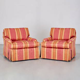 Nice pair custom upholstered club chairs: Nice pair custom upholstered club chairs, 20th/21st c., in striped cranberry damask fabric, unmarked, 29"h x 32"w x 34"d Provenance: A Private Collection: 1111 Park Avenue, NYC