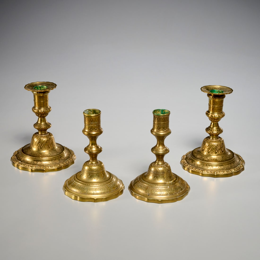 (2) pairs Regence engraved brass candlesticks (1 of 7)