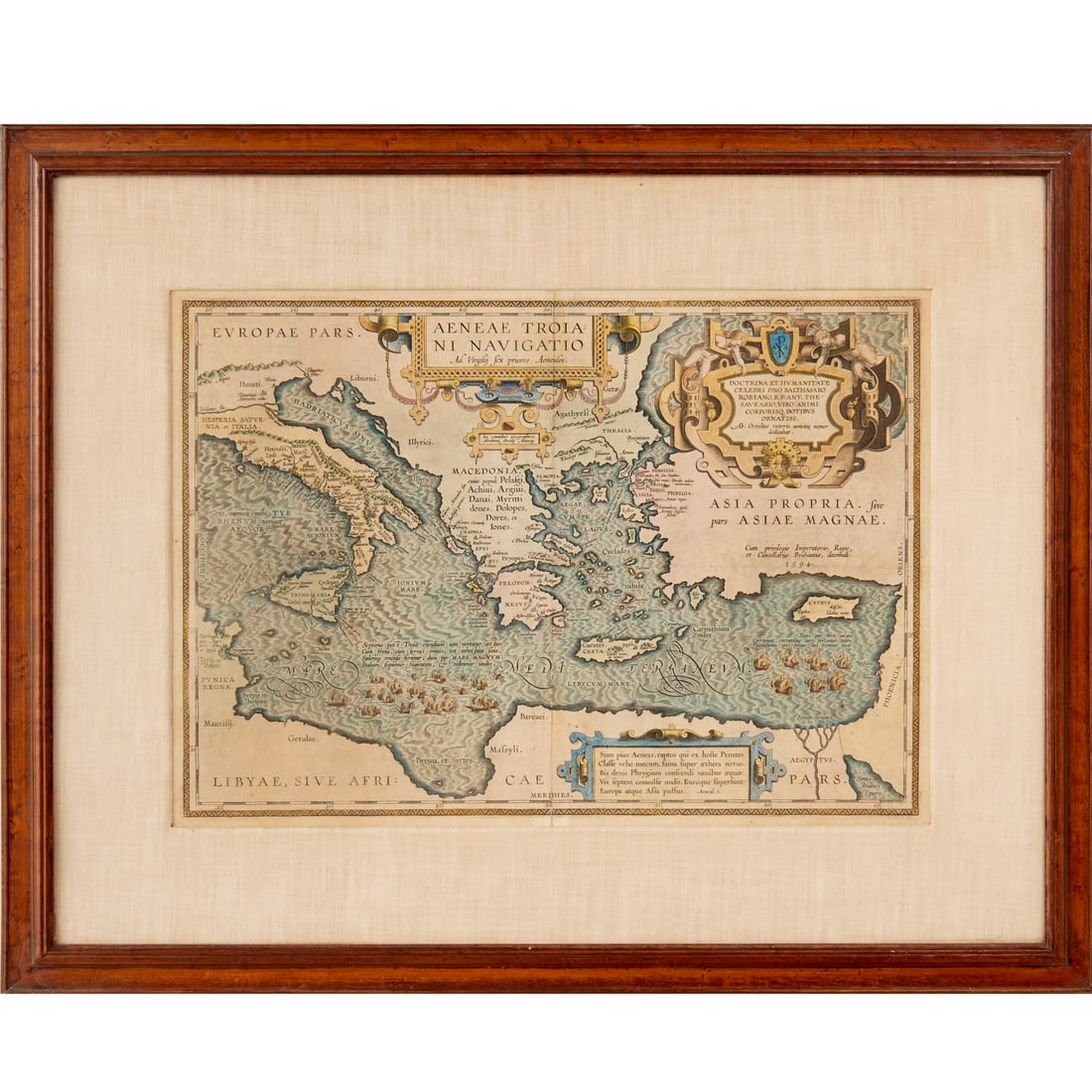 Abraham Ortelius, Mediterranean map: Abraham Ortelius, Mediterranean map, "Aeneae Troiani Navigatio Ad Virgilij Sex priores Aeneidos", hand-colored engraving, possibly 1624 or later, matted and framed under glass, 14"h x 20"w (sight), 23