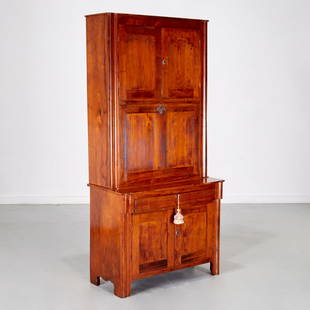 Antique American secretary cabinet: Antique American secretary cabinet, 19th c., possibly Southern States, mahogany or cherrywood, two part, the upper cabinet with two doors opening to interior shelves, and drop front opening to interio