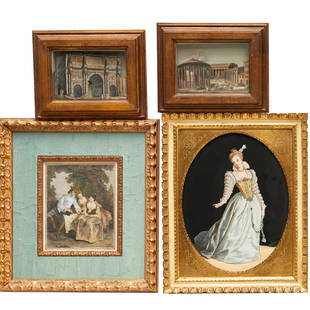 Pair Grand Tour 'Tunnel' diorama pictures: Pair Grand Tour 'Tunnel' diorama pictures, 19th c., (2) architectural engravings cut and mounted as dioramas in shadowbox frames, 4.5"h x 6.5"w (sight), 8"h x 10"w (frames); together with a tinsel pri